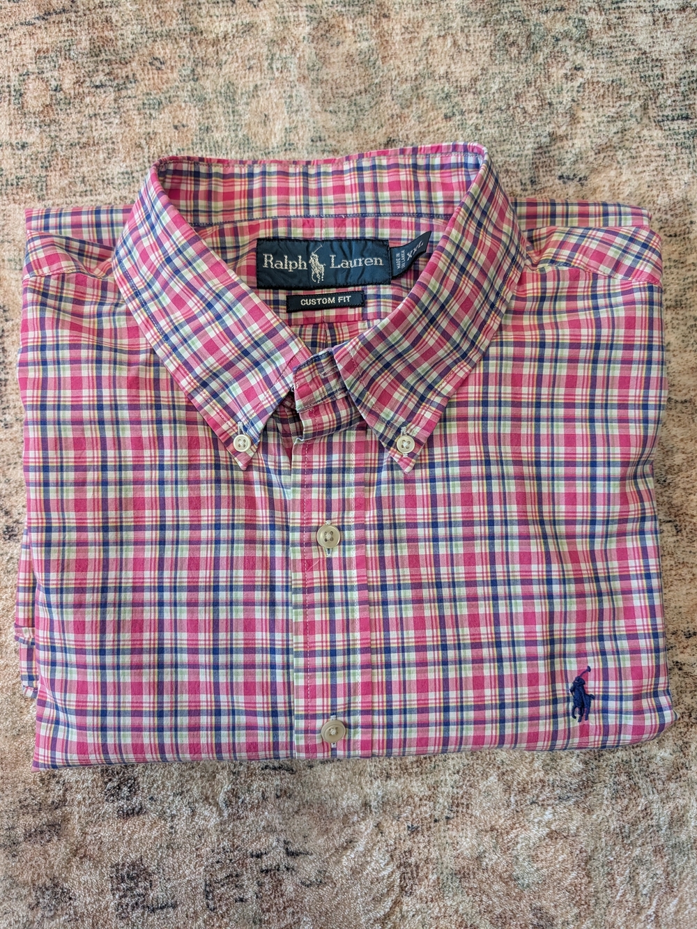 Polo Ralph Lauren Mens XL Custom Fit Pink Blue Plaid Short Sleeve Shirt EUC